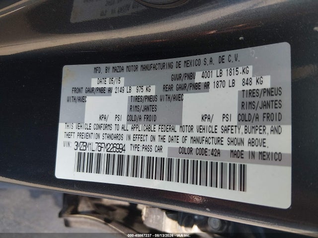 45867237 :رقم المزاد ، 3MZBM1L76FM226994 vin ، 2015 Mazda Mazda3 I Touring مزاد بيع
