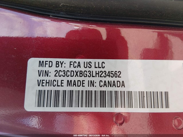 45867242 :رقم المزاد ، 2C3CDXBG3LH234562 vin ، 2020 Dodge Charger Sxt Rwd مزاد بيع