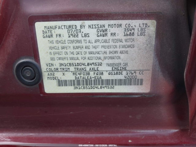 45867250 :رقم المزاد ، 3N1CB51D04L849532 vin ، 2004 Nissan Sentra 1.8s مزاد بيع