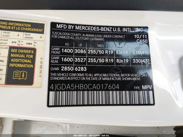 45867251 :رقم المزاد ، 4JGDA5HB0CA017604 vin ، 2012 Mercedes-benz Ml 350 4matic مزاد بيع