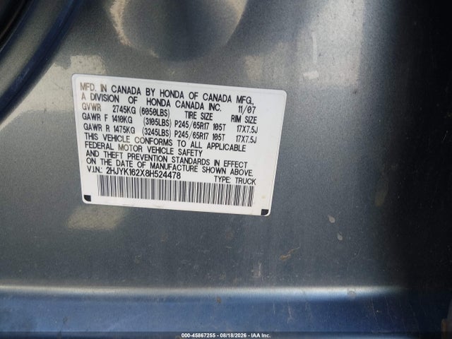 2008 Honda Ridgeline Rt მანქანა იყიდება აუქციონზე, vin: 2HJYK162X8H524478, აუქციონის ნომერი: 45867255