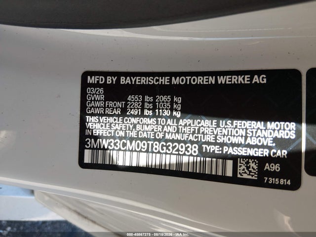 45867275 :رقم المزاد ، 3MW33CM09T8G32938 vin ، 2026 Bmw 230i Xdrive مزاد بيع