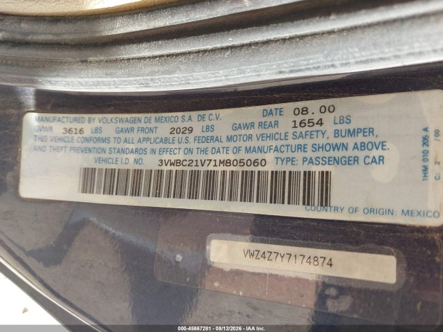 2001 Volkswagen Cabrio Gl მანქანა იყიდება აუქციონზე, vin: 3VWBC21V71M805060, აუქციონის ნომერი: 45867281