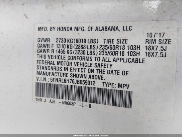 Продажа на аукционе авто 2018 Honda Odyssey Ex-l, vin: 5FNRL6H76JB059012, номер лота: 45867291