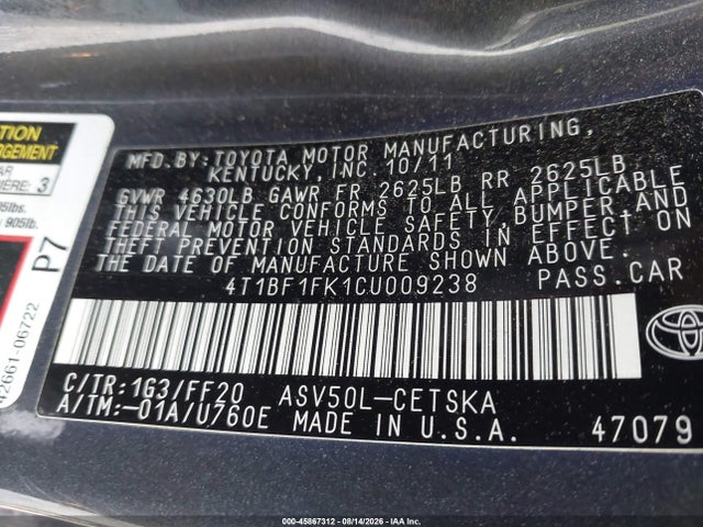 Aukcja sprzedaży 2012 Toyota Camry Se, vin: 4T1BF1FK1CU009238, numer aukcji: 45867312