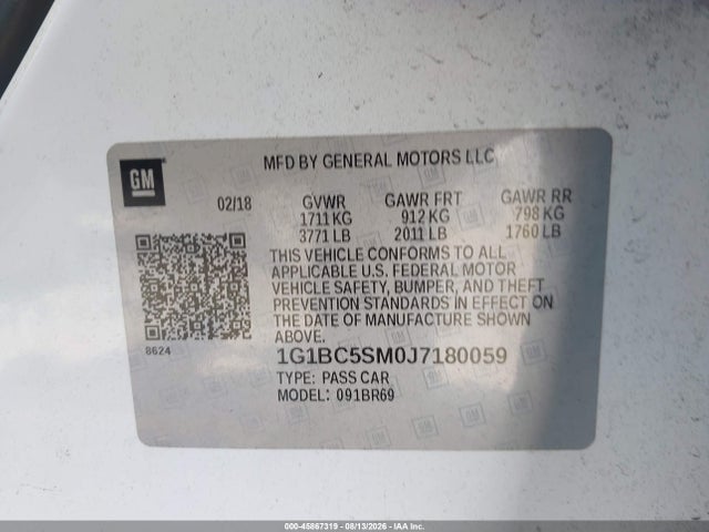 Продажа на аукционе авто 2018 Chevrolet Cruze Ls Auto, vin: 1G1BC5SM0J7180059, номер лота: 45867319
