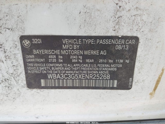 Aukcja sprzedaży 2014 Bmw 320i Xdrive, vin: WBA3C3G5XENR25268, numer aukcji: 45867323