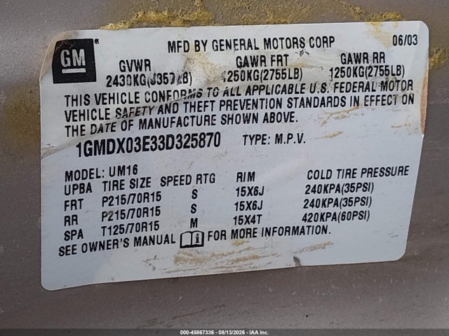 Продаж на аукціоні авто 2003 Pontiac Montana M16 W/1sa Pkg., vin: 1GMDX03E33D325870, номер лоту: 45867336