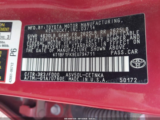 Продажа на аукционе авто 2014 Toyota Camry Le, vin: 4T1BF1FK9EU794711, номер лота: 45867338
