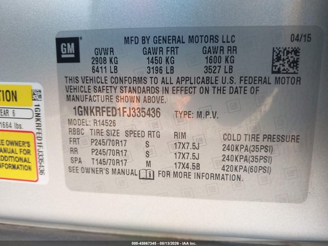 Chevrolet Traverse Ls 2015 1GNKRFED1FJ335436 Image 9