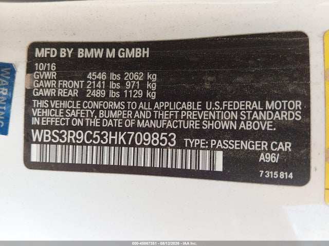 Продажа на аукционе авто 2017 Bmw M4, vin: WBS3R9C53HK709853, номер лота: 45867351