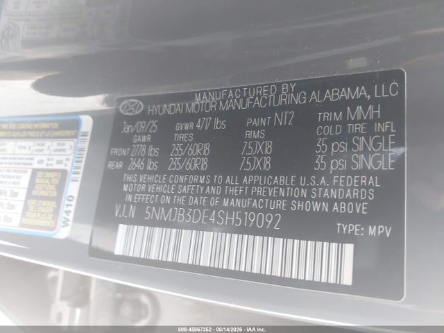 45867352 :رقم المزاد ، 5NMJB3DE4SH519092 vin ، 2025 Hyundai Tucson Sel مزاد بيع