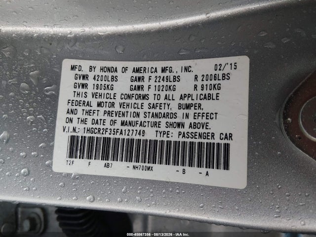 Honda ACCORD LX 2015 1HGCR2F35FA127749 Image 9