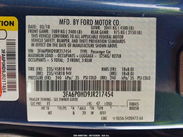 45867364 :رقم المزاد ، 3FA6P0HD9JR217454 vin ، 2018 Ford Fusion Se مزاد بيع
