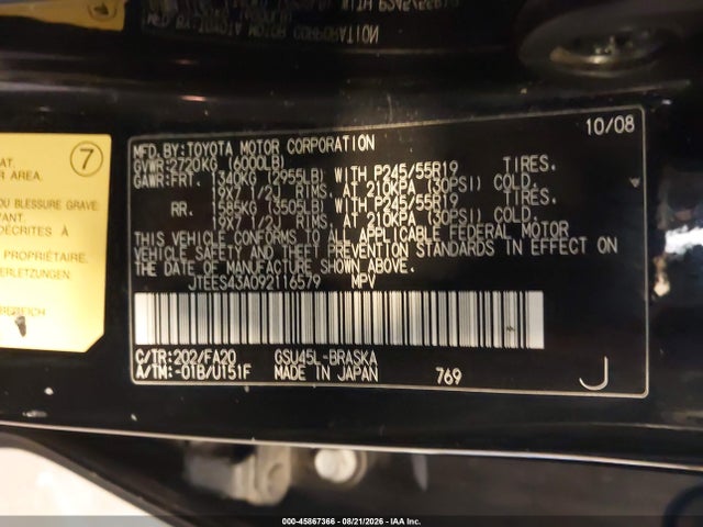 Aukcja sprzedaży 2009 Toyota Highlander Sport, vin: JTEES43A092116579, numer aukcji: 45867366