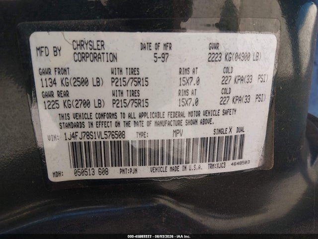 Auction sale of the 1997 Jeep Cherokee Country, vin: 1J4FJ78S1VL576508, lot number: 45867377