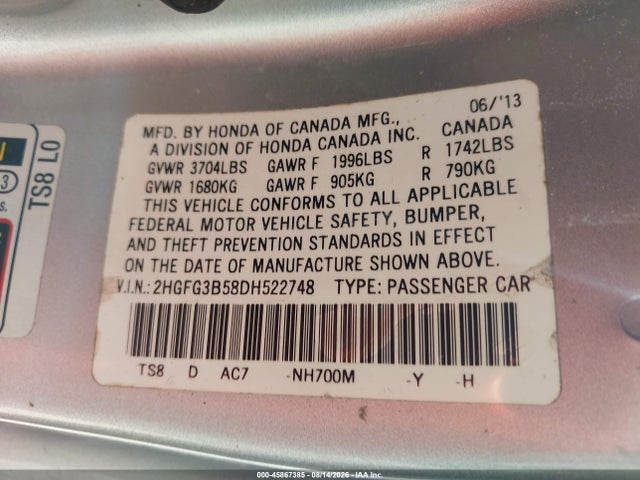 45867385 :رقم المزاد ، 2HGFG3B58DH522748 vin ، 2013 Honda Civic Lx مزاد بيع