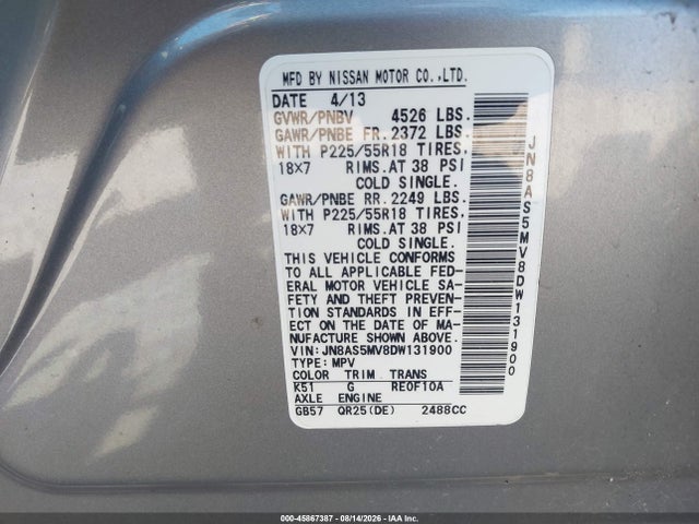 Aukcja sprzedaży 2013 Nissan Rogue Sv W/sl Pkg, vin: JN8AS5MV8DW131900, numer aukcji: 45867387