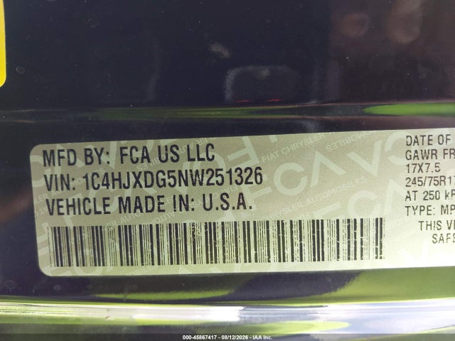 Продаж на аукціоні авто 2022 Jeep Wrangler Unlimited Sport S 4x4, vin: 1C4HJXDG5NW251326, номер лоту: 45867417