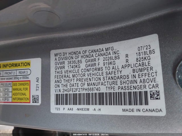 Honda Civic Lx 2023 2HGFE2F27PH568740 Image 9