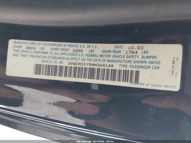 2004 Volkswagen New Beetle Gls მანქანა იყიდება აუქციონზე, vin: 3VWCM31Y94M324149, აუქციონის ნომერი: 45867429
