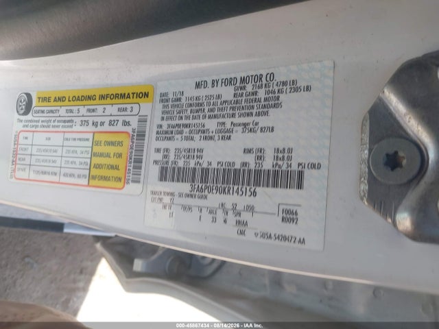 Auction sale of the 2019 Ford Fusion Sel, vin: 3FA6P0E90KR145156, lot number: 45867434