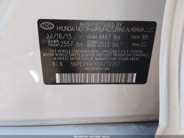 Aukcja sprzedaży 2016 Hyundai Sonata Se, vin: 5NPE24AFXGH272207, numer aukcji: 45867438