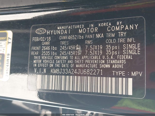 Продаж на аукціоні авто 2018 Hyundai Tucson Limited, vin: KM8J33A24JU682271, номер лоту: 45867439