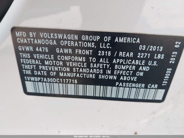 2013 Volkswagen Passat 2.5l Se მანქანა იყიდება აუქციონზე, vin: 1VWBP7A30DC117715, აუქციონის ნომერი: 45867445
