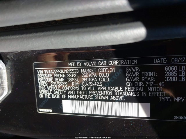 45867451 :رقم المزاد ، YV4A22PK9J1215533 vin ، 2018 Volvo Xc90 T6 Momentum مزاد بيع
