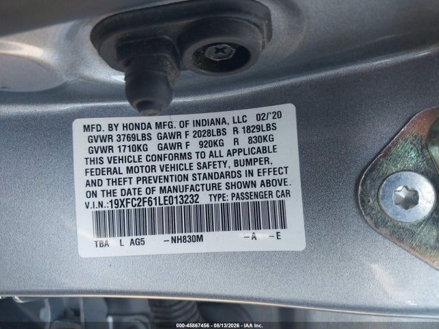 2020 Honda Civic Lx მანქანა იყიდება აუქციონზე, vin: 19XFC2F61LE013232, აუქციონის ნომერი: 45867456
