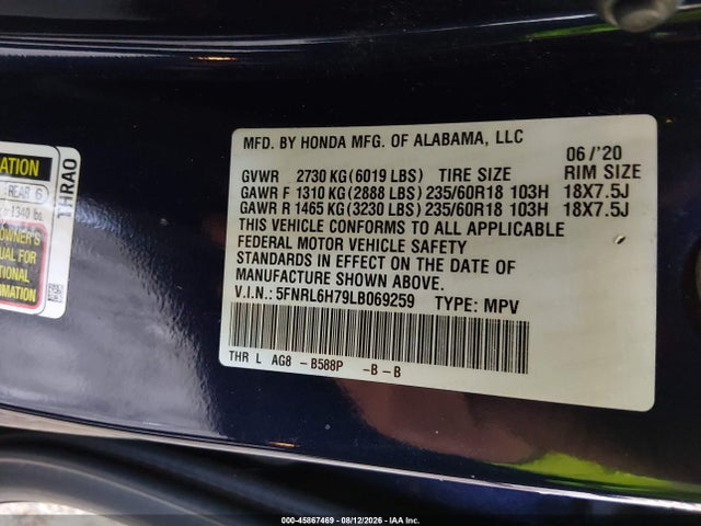 2020 Honda Odyssey Ex-l/ex-l W/navi   Res მანქანა იყიდება აუქციონზე, vin: 5FNRL6H79LB069259, აუქციონის ნომერი: 45867469