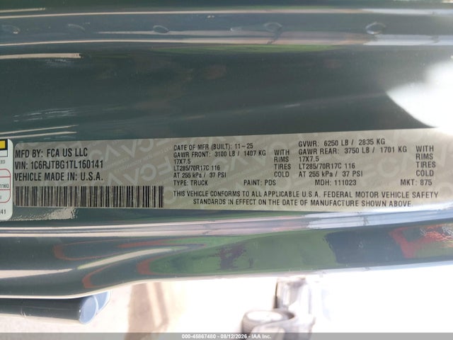 45867480 :رقم المزاد ، 1C6RJTBG1TL160141 vin ، 2026 Jeep Gladiator Rubicon 4x4 مزاد بيع