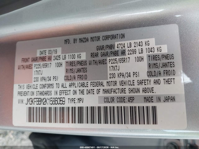 45867481 :رقم المزاد ، JM3KFBBM2K1586059 vin ، 2019 Mazda Cx-5 Sport مزاد بيع