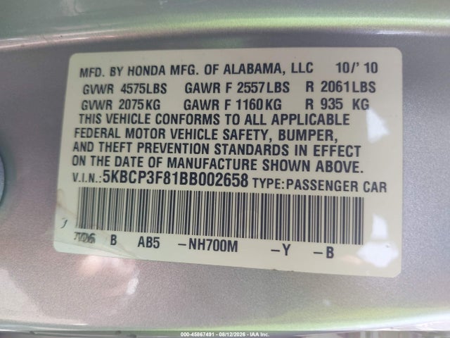 Продаж на аукціоні авто 2011 Honda Accord 3.5 Ex-l, vin: 5KBCP3F81BB002658, номер лоту: 45867491