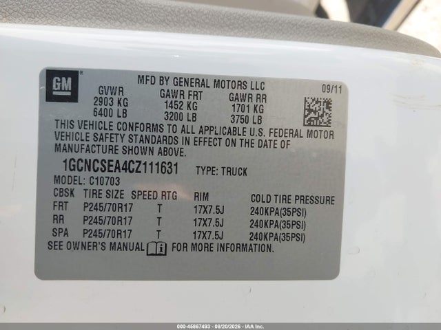 45867493 :رقم المزاد ، 1GCNCSEA4CZ111631 vin ، 2012 Chevrolet Silverado 1500 Lt مزاد بيع
