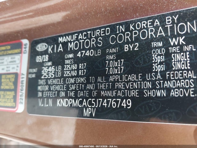 Aukcja sprzedaży 2018 Kia Sportage Lx, vin: KNDPMCAC5J7476749, numer aukcji: 45867495