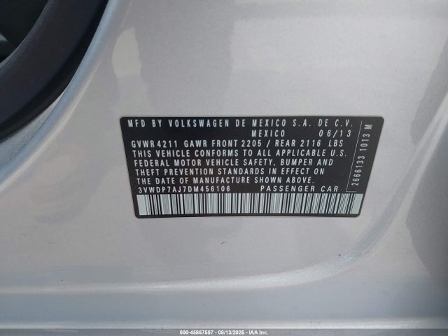 2013 Volkswagen Jetta 2.5l Se მანქანა იყიდება აუქციონზე, vin: 3VWDP7AJ7DM456106, აუქციონის ნომერი: 45867507