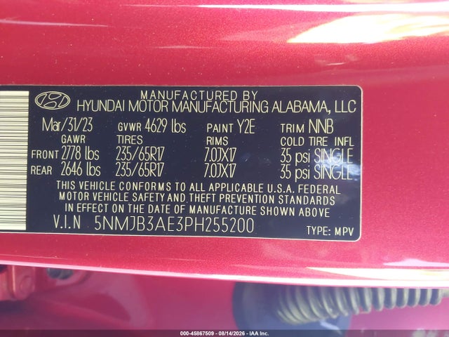 Продажа на аукционе авто 2023 Hyundai Tucson Sel, vin: 5NMJB3AE3PH255200, номер лота: 45867509
