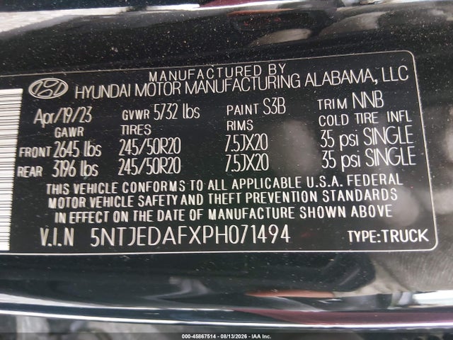 Продаж на аукціоні авто 2023 Hyundai Santa Cruz Limited, vin: 5NTJEDAFXPH071494, номер лоту: 45867514