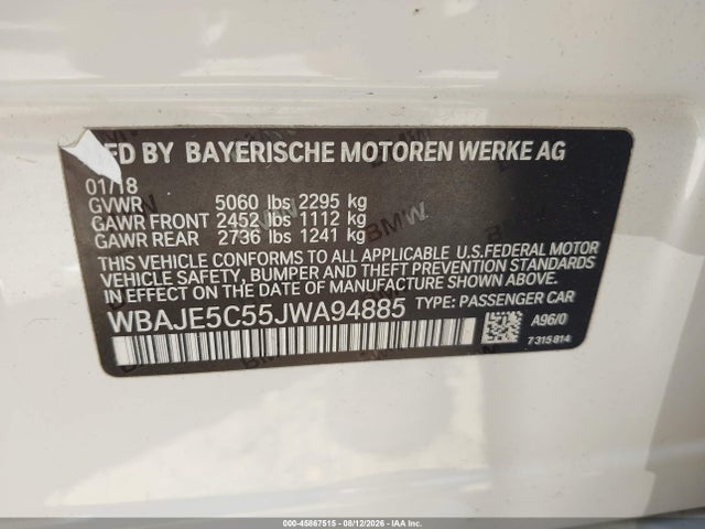 2018 Bmw 540i მანქანა იყიდება აუქციონზე, vin: WBAJE5C55JWA94885, აუქციონის ნომერი: 45867515