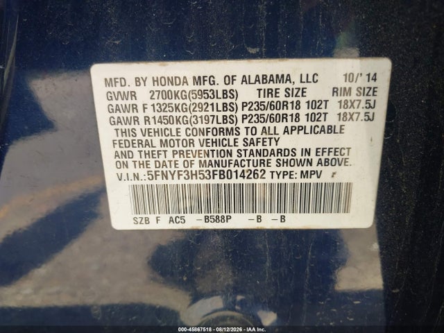 Продаж на аукціоні авто 2015 Honda Pilot Ex-l, vin: 5FNYF3H53FB014262, номер лоту: 45867518