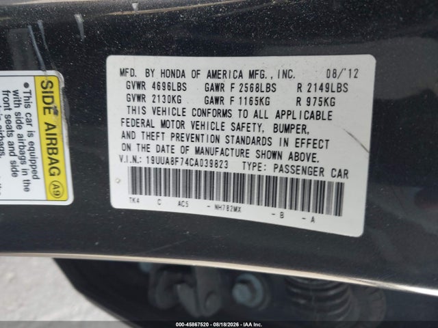 Aukcja sprzedaży 2012 Acura Tl 3.5, vin: 19UUA8F74CA039823, numer aukcji: 45867520