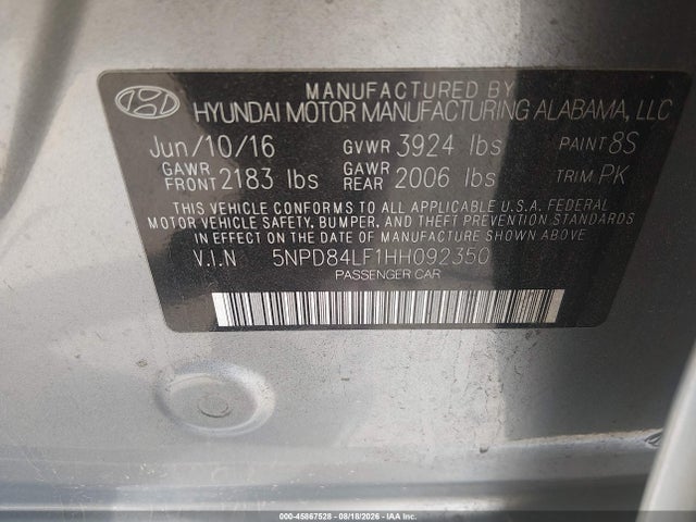 5NPD84LF1HH092350 Hyundai ELANTRA SE