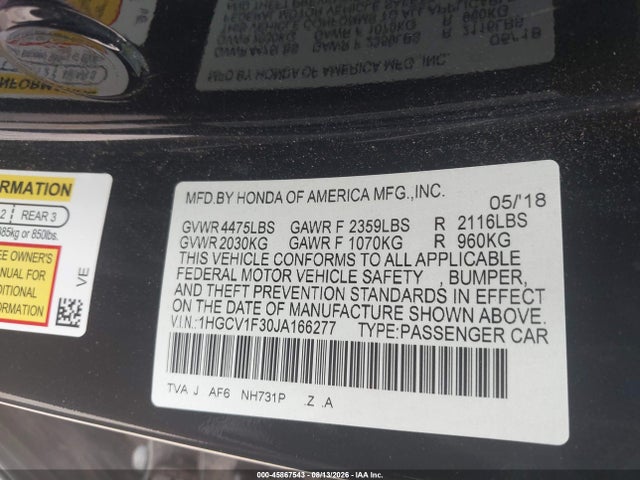 Aukcja sprzedaży 2018 Honda Accord Sport, vin: 1HGCV1F30JA166277, numer aukcji: 45867543