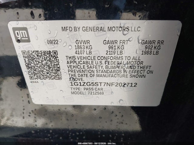 1G1ZG5ST7NF202712 Chevrolet Malibu Fwd Rs