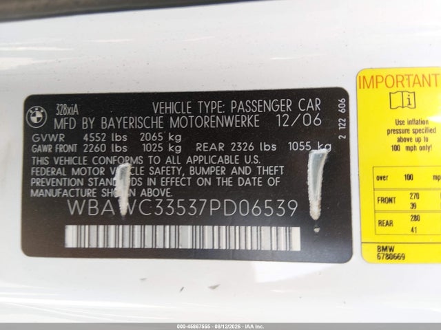 45867555 :رقم المزاد ، WBAWC33537PD06539 vin ، 2007 Bmw 328xi مزاد بيع
