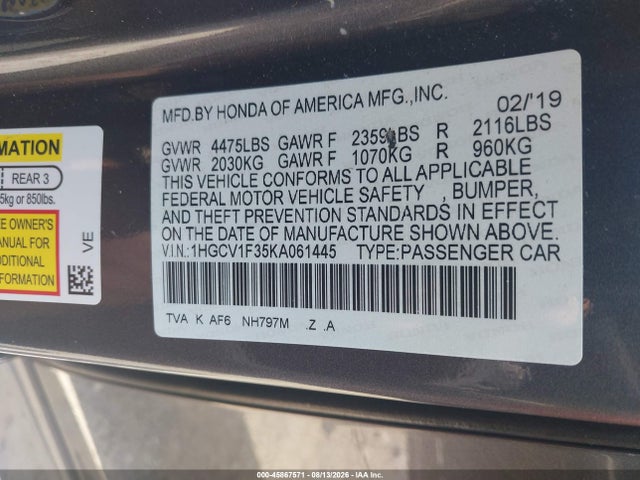 Продажа на аукционе авто 2019 Honda Accord Sport, vin: 1HGCV1F35KA061445, номер лота: 45867571