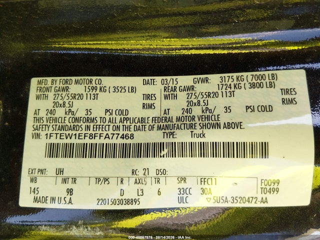 2015 Ford F-150 Platinum მანქანა იყიდება აუქციონზე, vin: 1FTEW1EF8FFA77468, აუქციონის ნომერი: 45867576