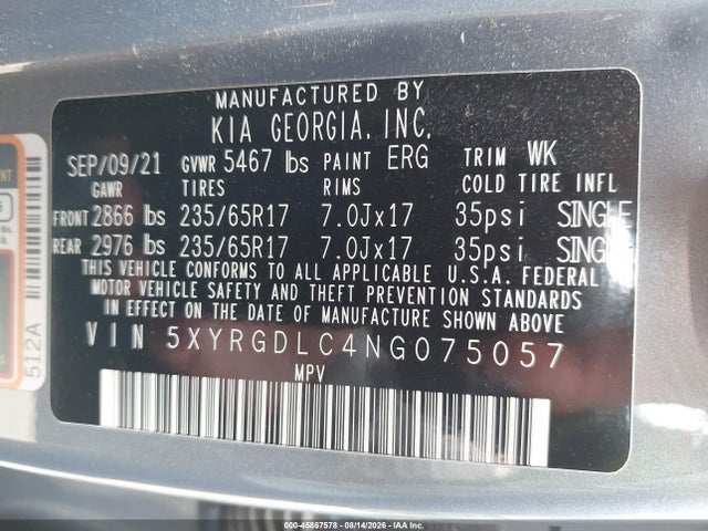 Aukcja sprzedaży 2022 Kia Sorento Lx, vin: 5XYRGDLC4NG075057, numer aukcji: 45867578